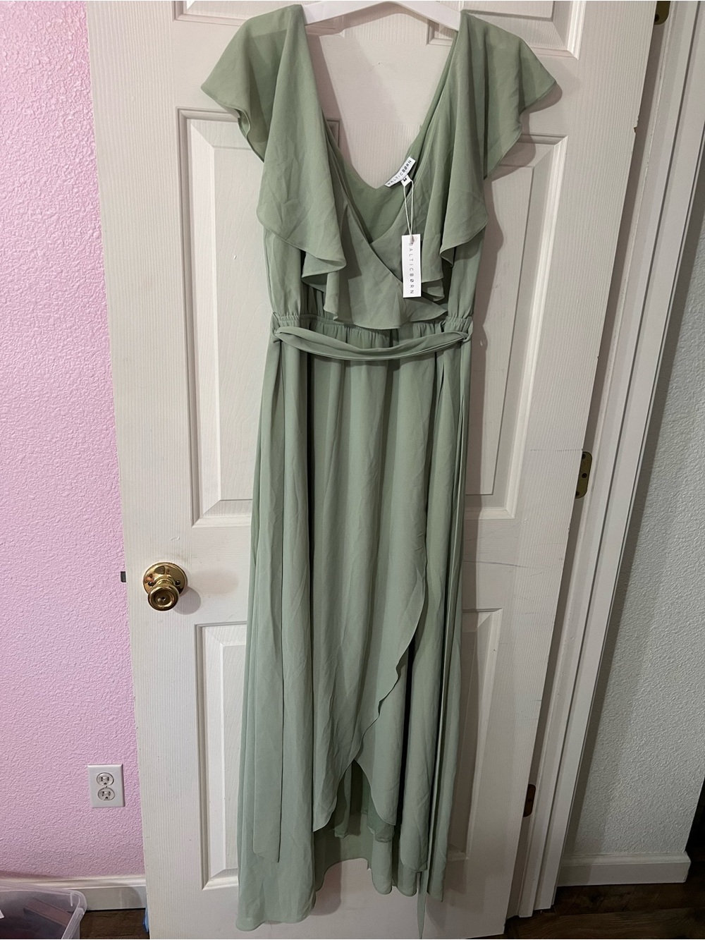Baltic Born Sage Green High-Low Ruffle Wrap Dress